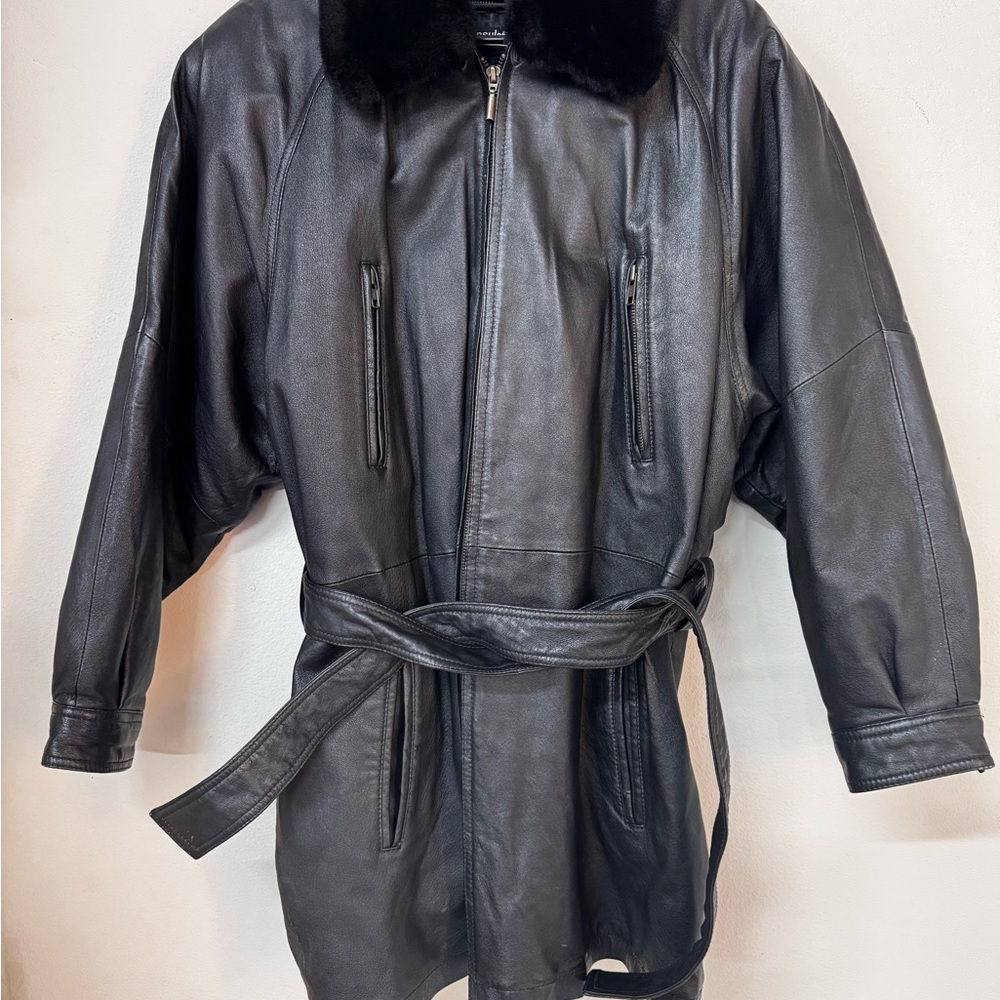 VTG Wilsons Leather Black Trench Coat Womens Large Fur Collar  Thinsulate Lining